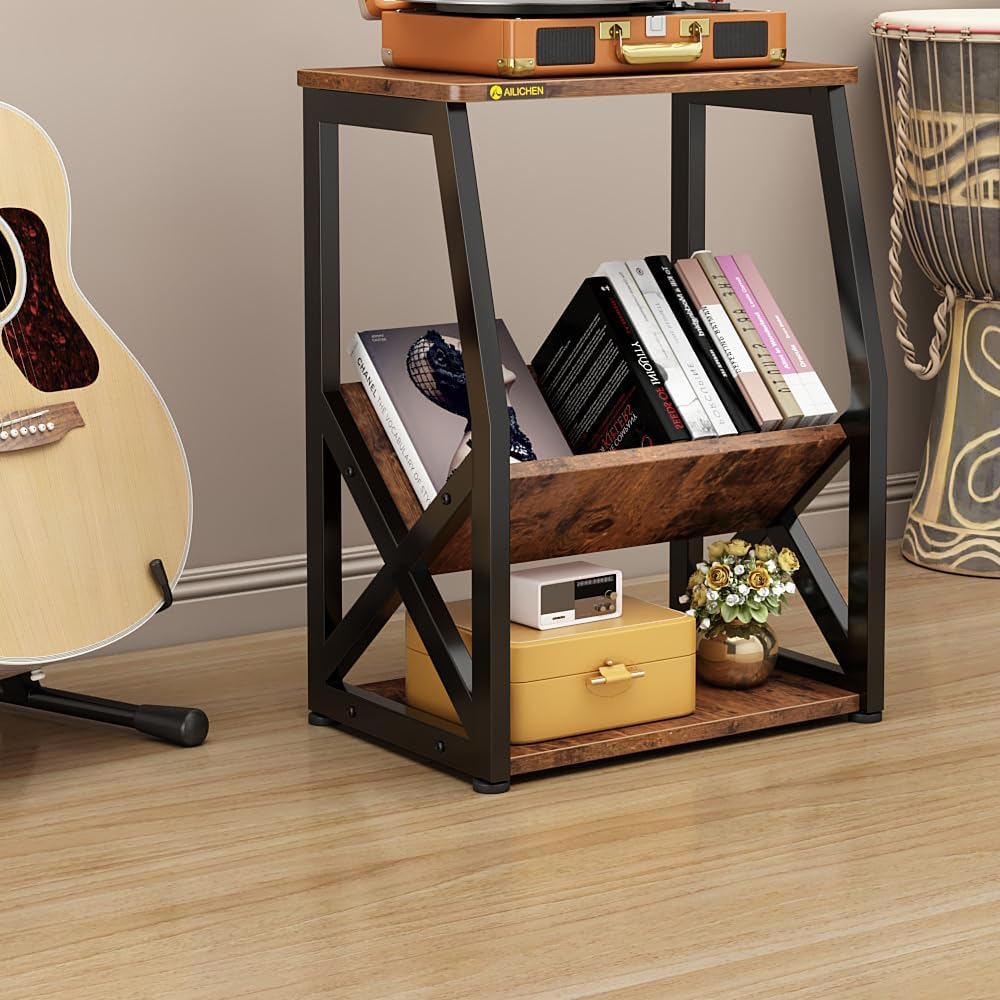 MULKHOME 3-Tier Accent End Table with Magazine Holder Shelf, Metal Frame, Scratch-Resistant Top, Small Bookcase, Sofa Side Table for Living Room, Bedroom,Side Table with Book Storage