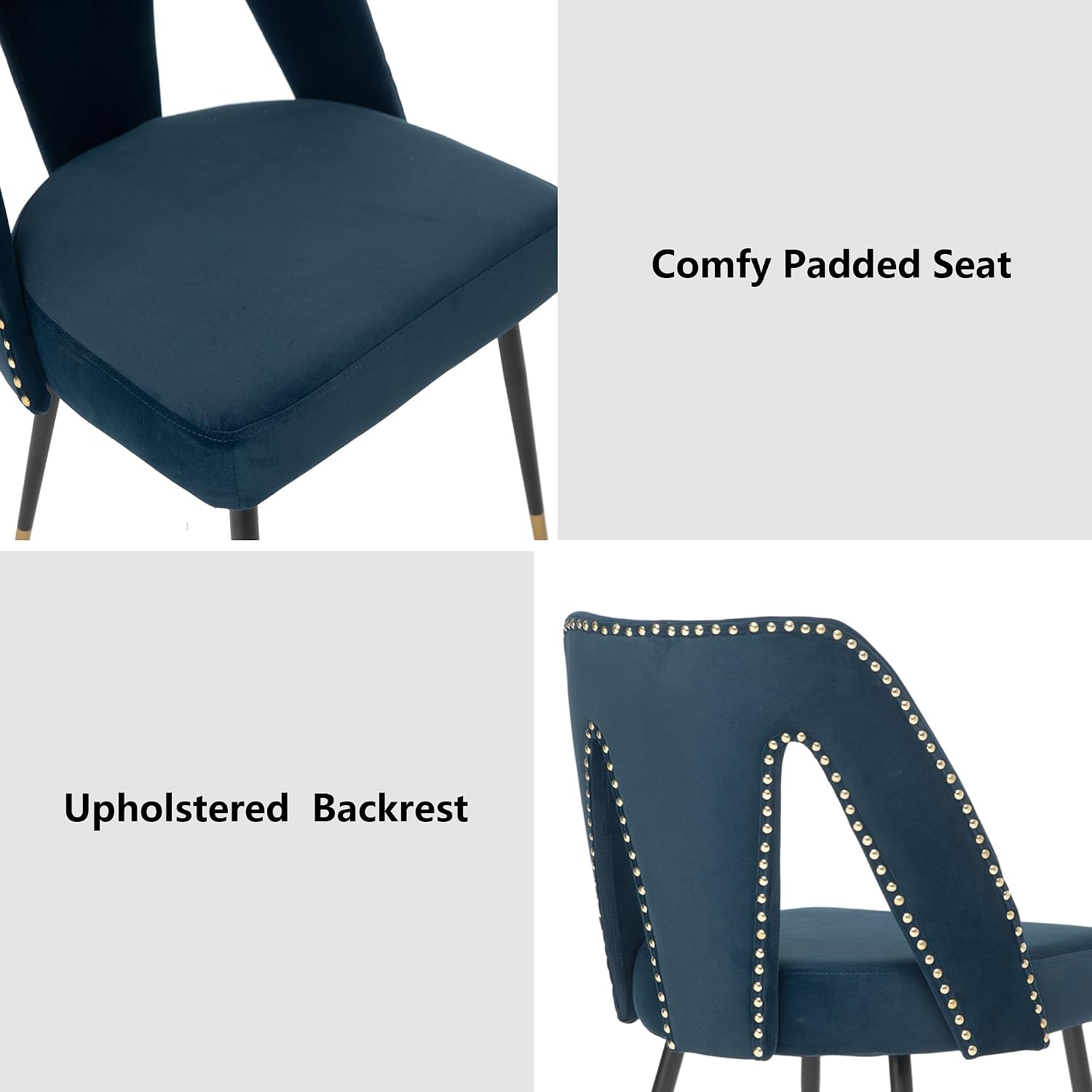 Aoowow Modern Dining Chairs Set of 6, Velvet Upholstered Side Chairs with Nailheads and Gold Tipped Black Metal Legs,Blue (Blue)