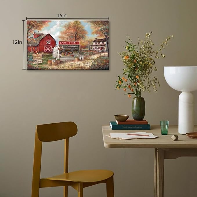 CYULWNNO Farmhouse Canvas Wall Art Farm Stand Landscape Painting Nature Rustic Scenery Canvas Prints Vintage Red House Wall Decor Framed for Living Room Bedroom
