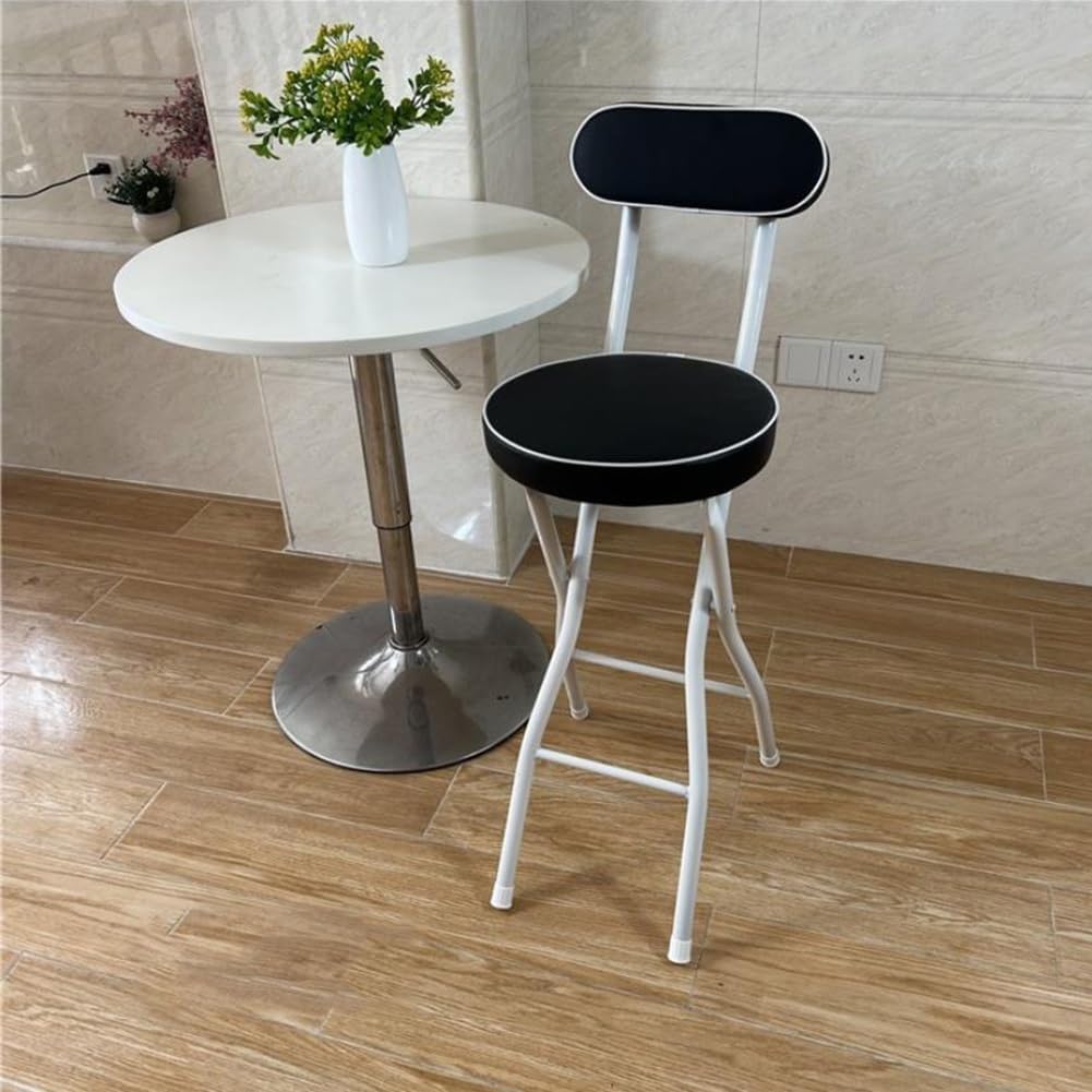 Portable Folding Stool, Non-Slip Feet, Kitchen Folding Stool with Backrest, Padded, Folding Round Stool for Adults Kitchen Garden Bathroom(Black+White,55cm/22in)