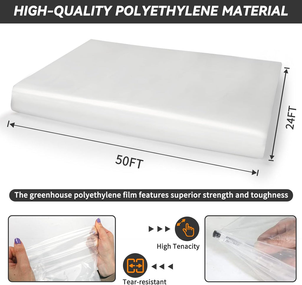 24x50 FT Clear Greenhouse Film Plastic Sheeting, Greenhouse Polyethylene Plastic Film 6 mil Thickness Replacement Cover, UV Resistant, Plant Covers Freeze Protection for Windproof Frost& Dust Proof