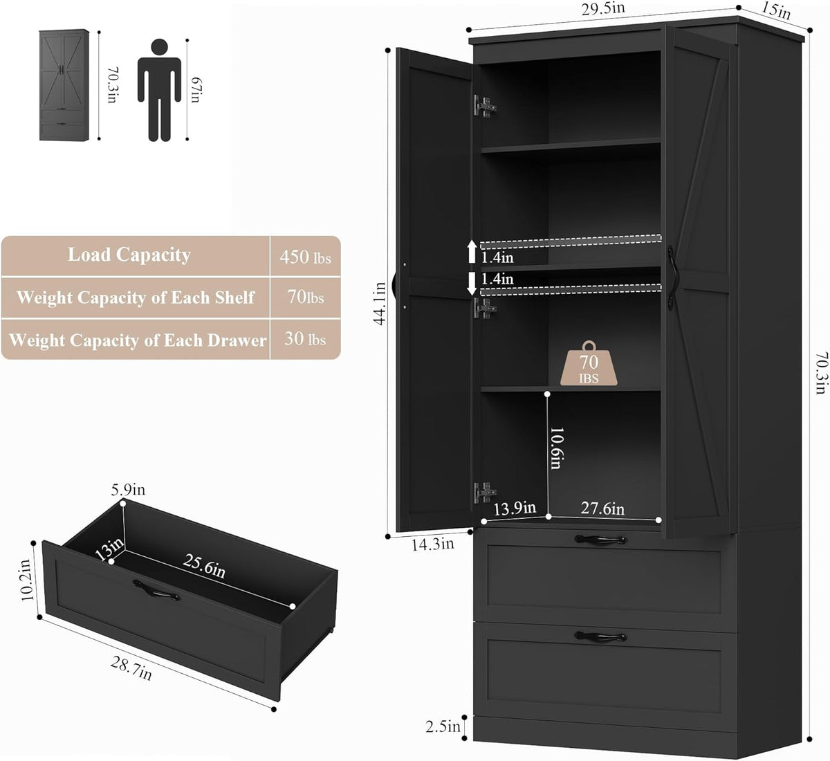 HOSTACK 70" Tall Kitchen Pantry Storage, Barn Doors Pantry Cabinet with Drawers and Adjustable Shelf, Modern Farmhouse Storage Cabinet for Kitchen, Dining Room, Living Room, Bathroom, Black