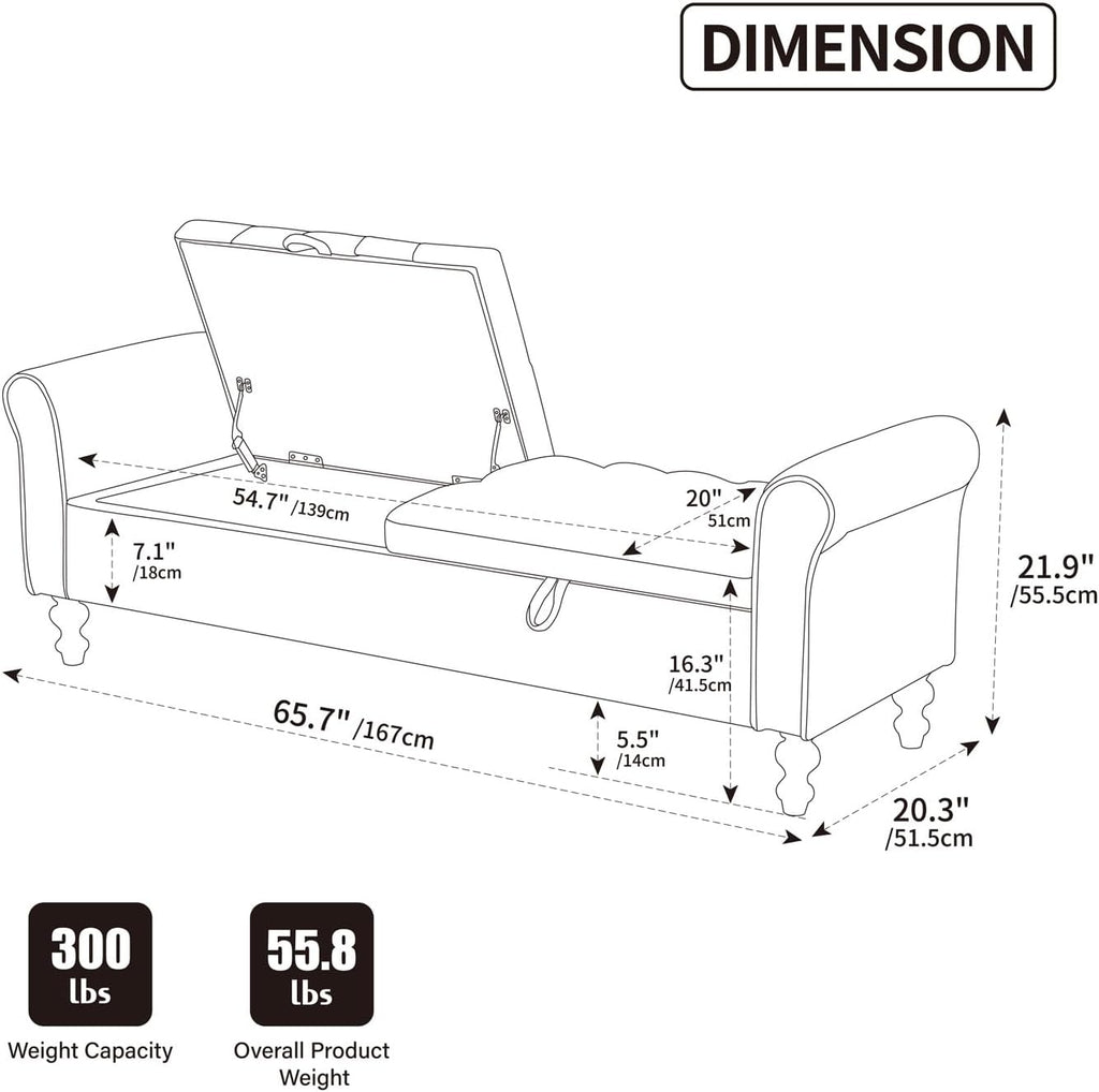 65.75" Modern Upholstered Ottoman with Storage, End of Bed Storage Bench with Rolled Armrest and Wood Legs, Comfy Napped Fabric Ottoman Bench for Living Room, Entryway, Dormitory, Bedroom (Black+A)