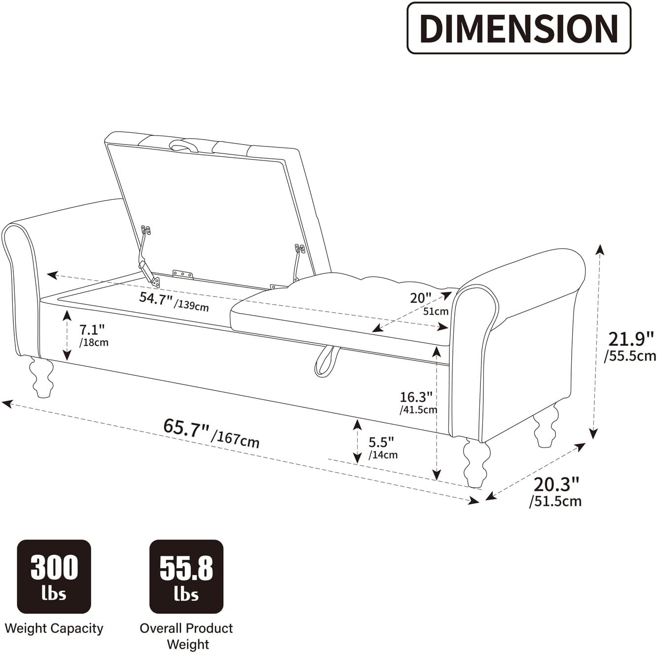 65.75" Modern Upholstered Ottoman with Storage, End of Bed Storage Bench with Rolled Armrest and Wood Legs, Comfy Napped Fabric Ottoman Bench for Living Room, Entryway, Dormitory, Bedroom (Black+A)