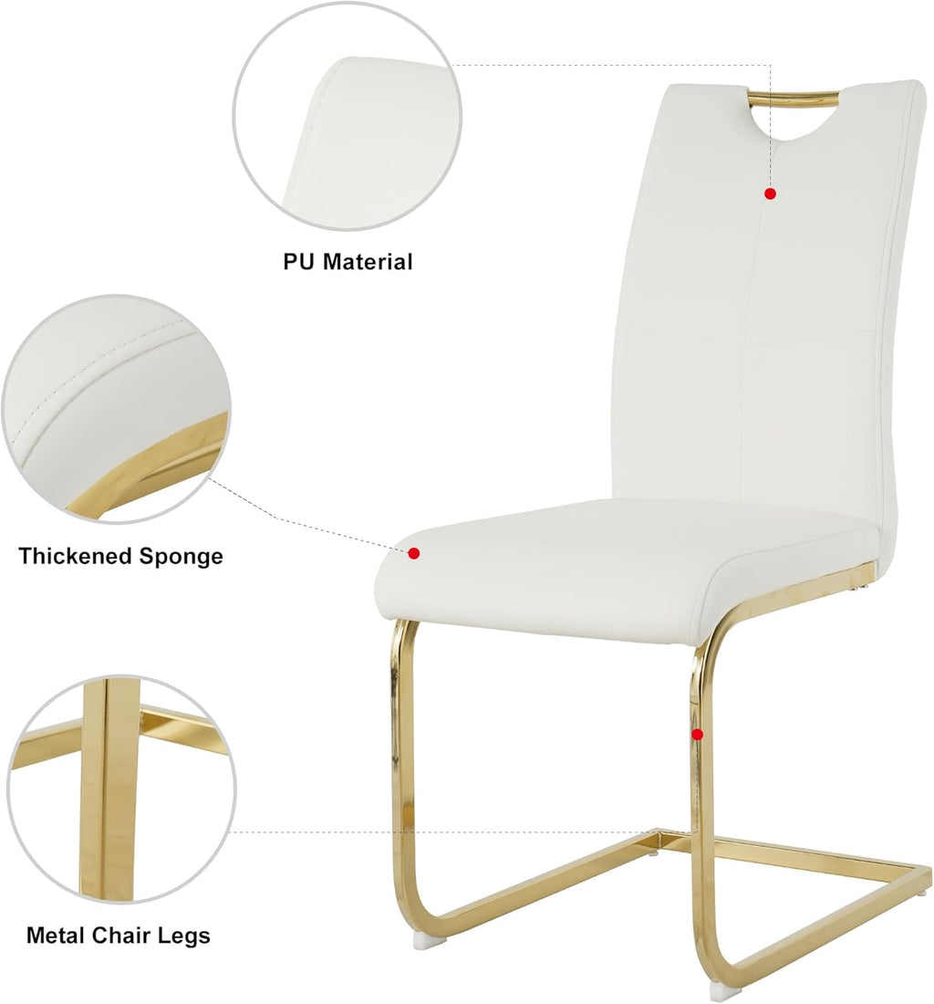 5-Piece Dining Room Table Set, Modern 36" Round Gold Glass Dining Table Set for 4, Kitchen and Dining Table Set with 4 White PU Leather Dining Chairs for Dining Room Kitchen