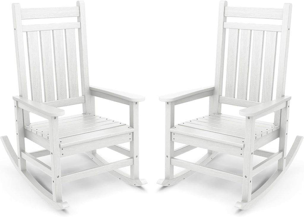 SERWALL Outdoor Rocking Chair Set of 2, Adult HDPE Rocking Chair, White | 21.1" Widened Seat adds Extra Comfort, Oversized Rocking Chair for Adults, All Weather Porch Rocker for Lawn Garden