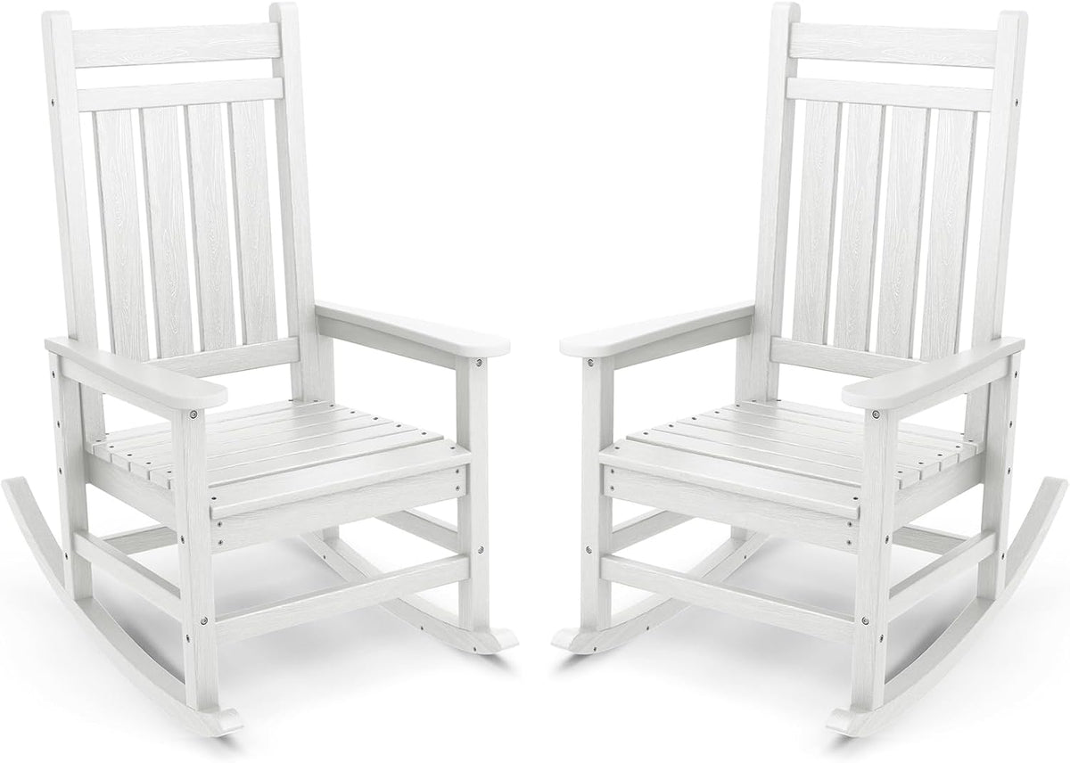 SERWALL Outdoor Rocking Chair Set of 2, Adult HDPE Rocking Chair, White | 21.1" Widened Seat adds Extra Comfort, Oversized Rocking Chair for Adults, All Weather Porch Rocker for Lawn Garden