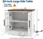 24" Farmhouse Nightstand with Charging Station, End Table with Tempered Glass Doors and Adjustable Shelf, Wood Square Side Table, Bedside Cabinet for Bedroom,Living Room- White