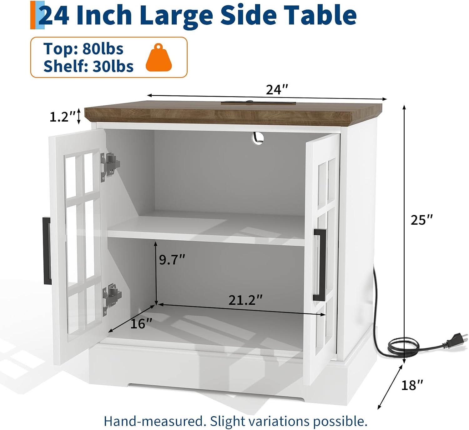 24" Farmhouse Nightstand with Charging Station, End Table with Tempered Glass Doors and Adjustable Shelf, Wood Square Side Table, Bedside Cabinet for Bedroom,Living Room- White