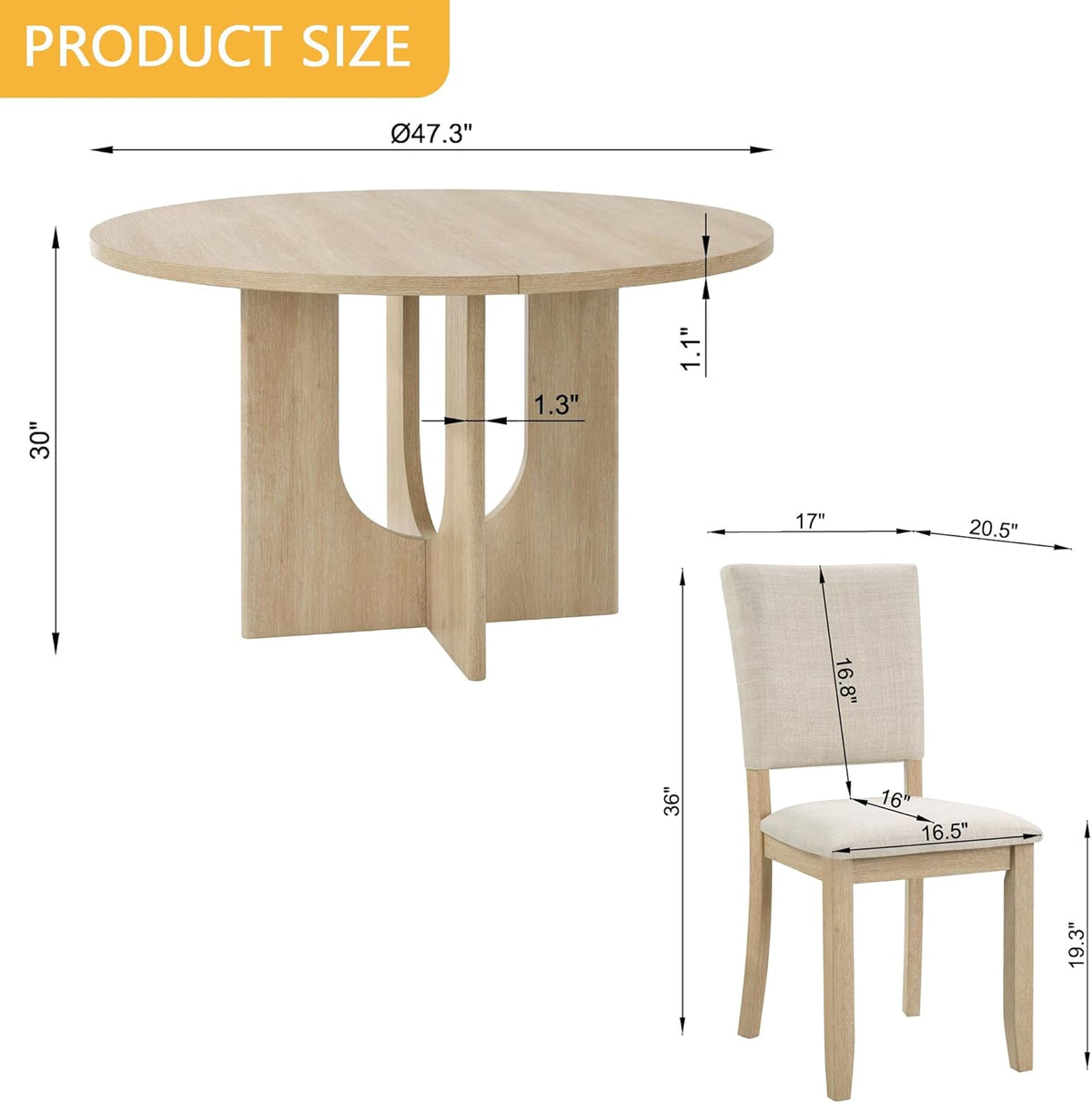 JIJIWANG 47.3" 5-Piece Round Dining Table Set with 4 Upholstered Dining Chairs, Modern Round Dining Table Set for 4 for Living Room Kitchen Light Oak & Beige