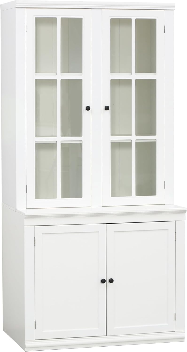Havemies 36” Wide Freestanding Pantry with Glass Lattice Door, 75” Tall Farmhouse Kitchen Cabinet for Dishes, Linens & Storage, White Finish