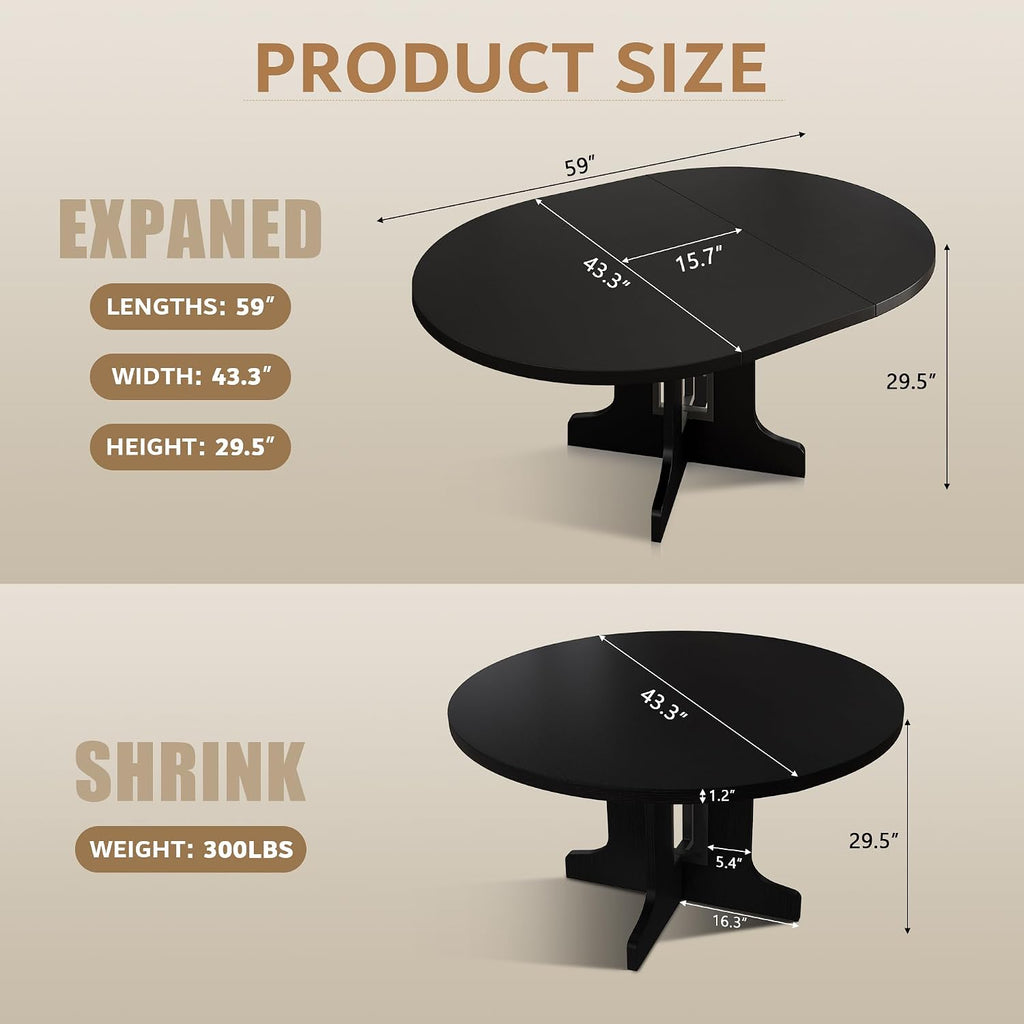 iPormis 59" Extendable Round Dining Table for 4-6, Modern Kitchen Table with Heavy Duty Pedestal Base & Wooden Top, Oval Dinner Table, Dining Room for Dining Living Room, Easy Assembly, Black