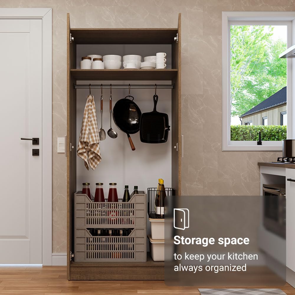 Madesa Kitchen Pantry Storage Cabinet with 2 Doors, Ample Shelf and Hanging Space 31 Inch Utility Armoire Organization Unit - Rustic