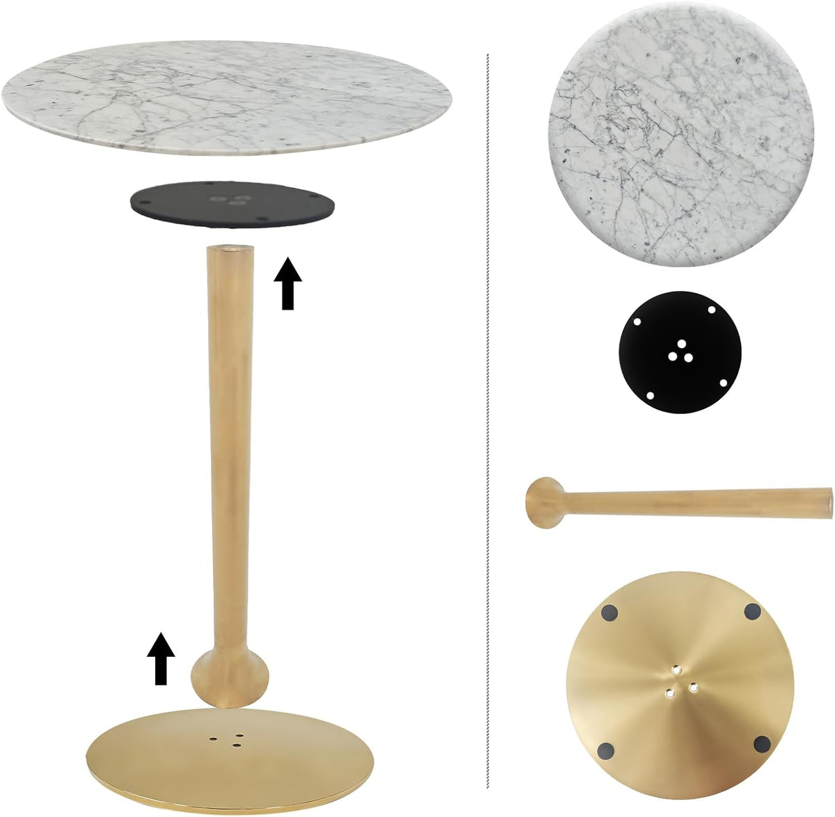 Marble Round End Table with Gold Metal Frame – 21in Tall 19in Diameter Modern Nordic Side Table Nightstand for Living Room, Bedroom, Entryway, Elegant Durable Furniture