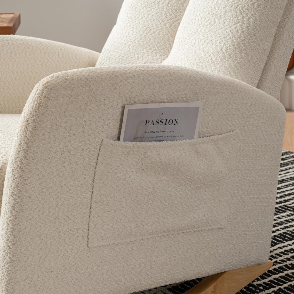 Chair with Footrest High Back Rubber Wood Rocking Legs Bedroom Living Space (Beige + Wood)