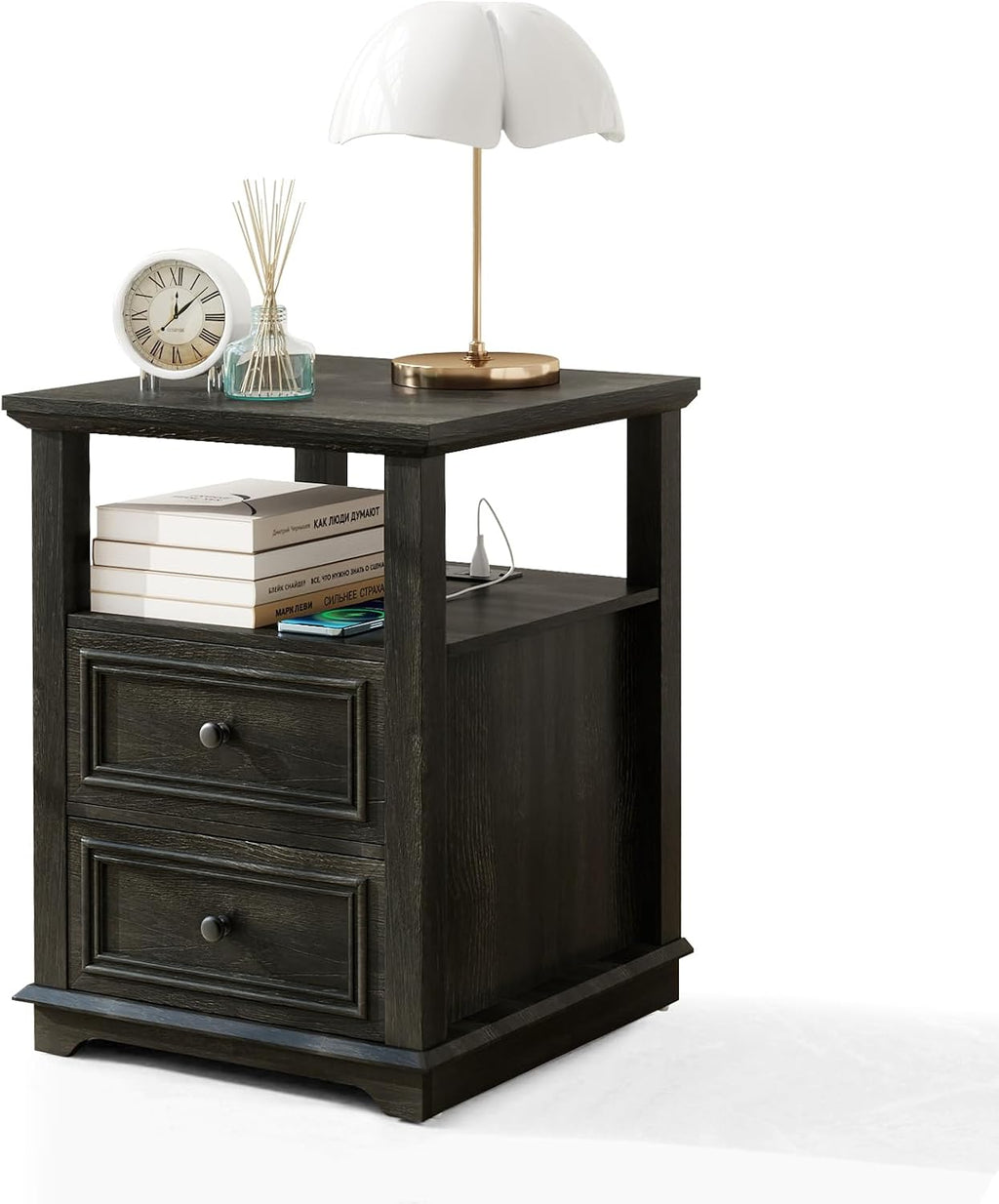 MUUEGM Farmhouse Nightstand 18” Brown End Table with Charging Station Rustic Wood Tall Bedside Table with 2 Drawers Storage Small Dresser Open Shelf for Bedroom, Living Room, Closet