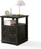 MUUEGM Farmhouse Nightstand 18” Brown End Table with Charging Station Rustic Wood Tall Bedside Table with 2 Drawers Storage Small Dresser Open Shelf for Bedroom, Living Room, Closet
