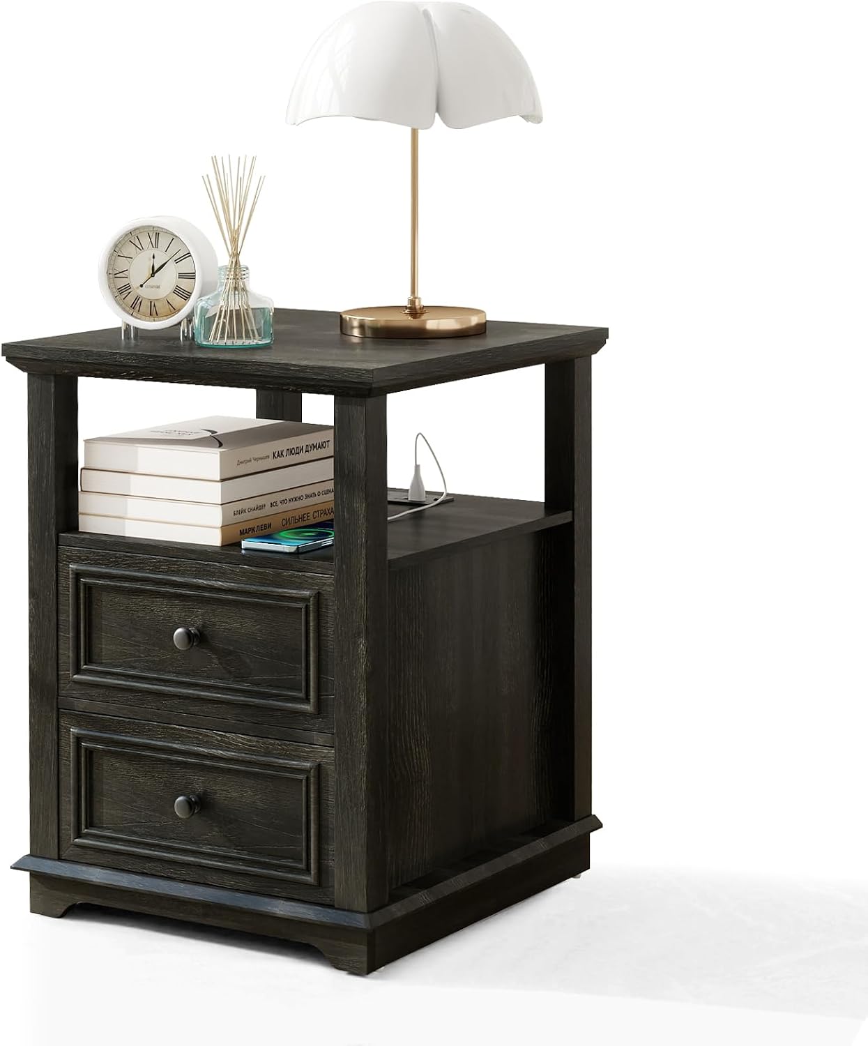 MUUEGM Farmhouse Nightstand 18” Brown End Table with Charging Station Rustic Wood Tall Bedside Table with 2 Drawers Storage Small Dresser Open Shelf for Bedroom, Living Room, Closet
