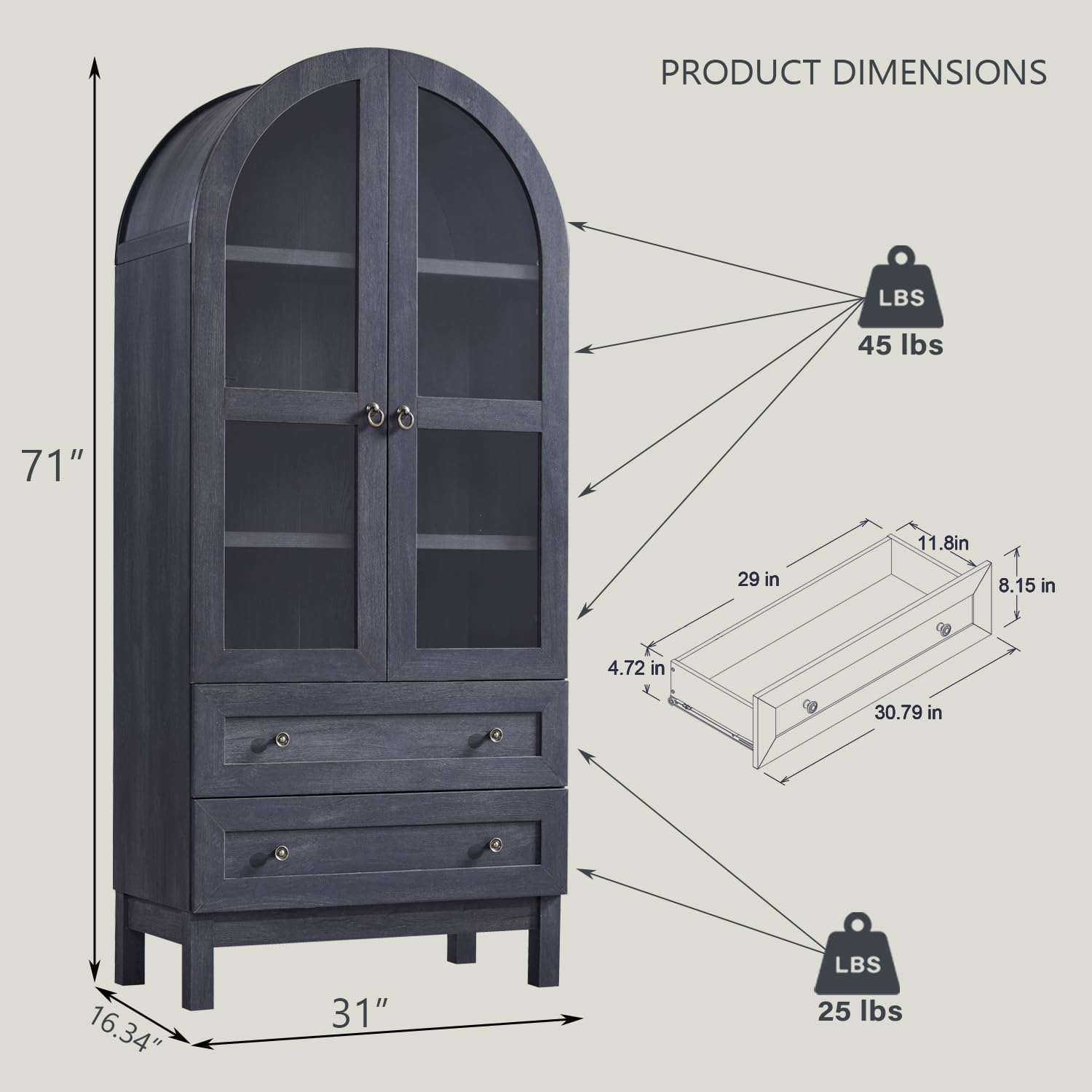 IFGET 71" Tall Arched Kitchen Pantry, Kitchens Storage Cabinets, Grey | Modern Farmhouse Wood Pantry w/2 Large Drawers and Adjustable Shelves, Versatile Cupboard for Kitchen, Dining Room, Bathroom