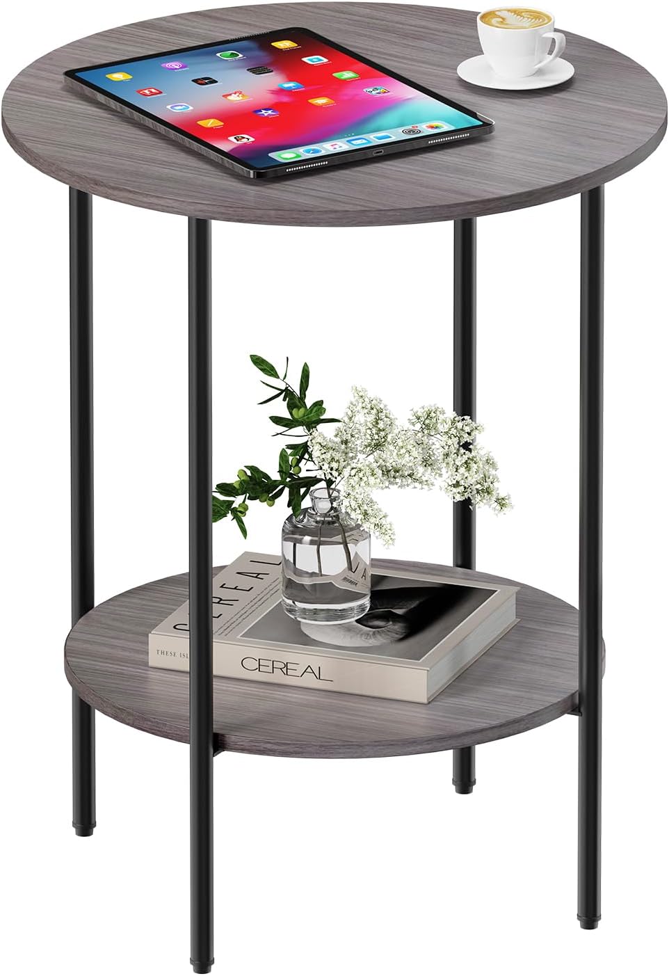 Side Table,Round End Table with 2 Storage Shelves| Compact Side Tables for Living Room, Couch, Office & Bedroom | Narrow Accent Table as Space-Saving Small Bedside Table 18x18x22in (Grey)