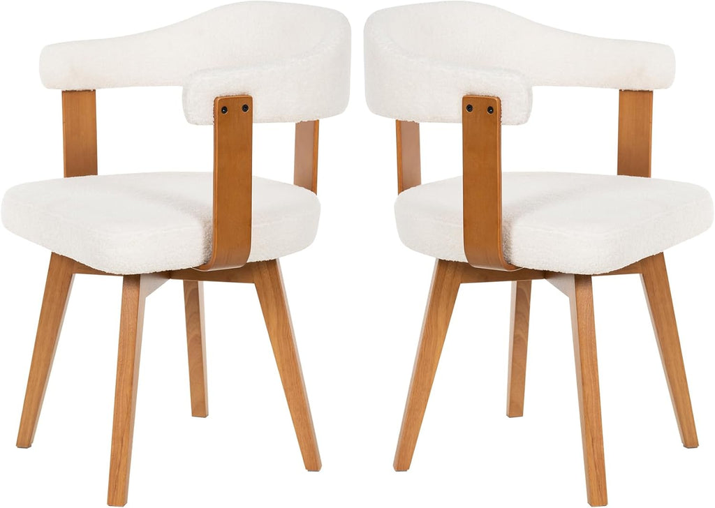 EYYTHUNG Swivel Dining Chairs Set of 2, Mid Century Modern Boucle Dining Chairs with Arms and Wood Legs,Upholstered Kitchen Chairs for Kitchen, Dining Room, Living Room, White and Dark Oak