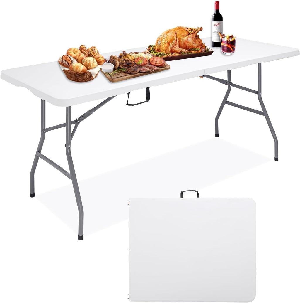 6Ft Folding Table, Heavy Duty Fold-in-Half Portable Plastic White | HDPE portable table indoor outdoor. Camp table, picnic table, party use. Lightweight holds 350 lbs. Easy fold side table