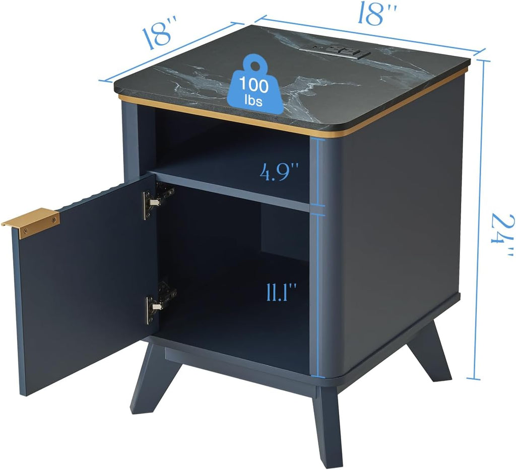 QUW Fluted Nightstands Set of 2 with Charging Station, 18" Modern Side Table, Wooden Bedside Table with Faux Marble Top, Open Storage, Cabinet, End Table for Bedroom, Living Room, Navy Blue