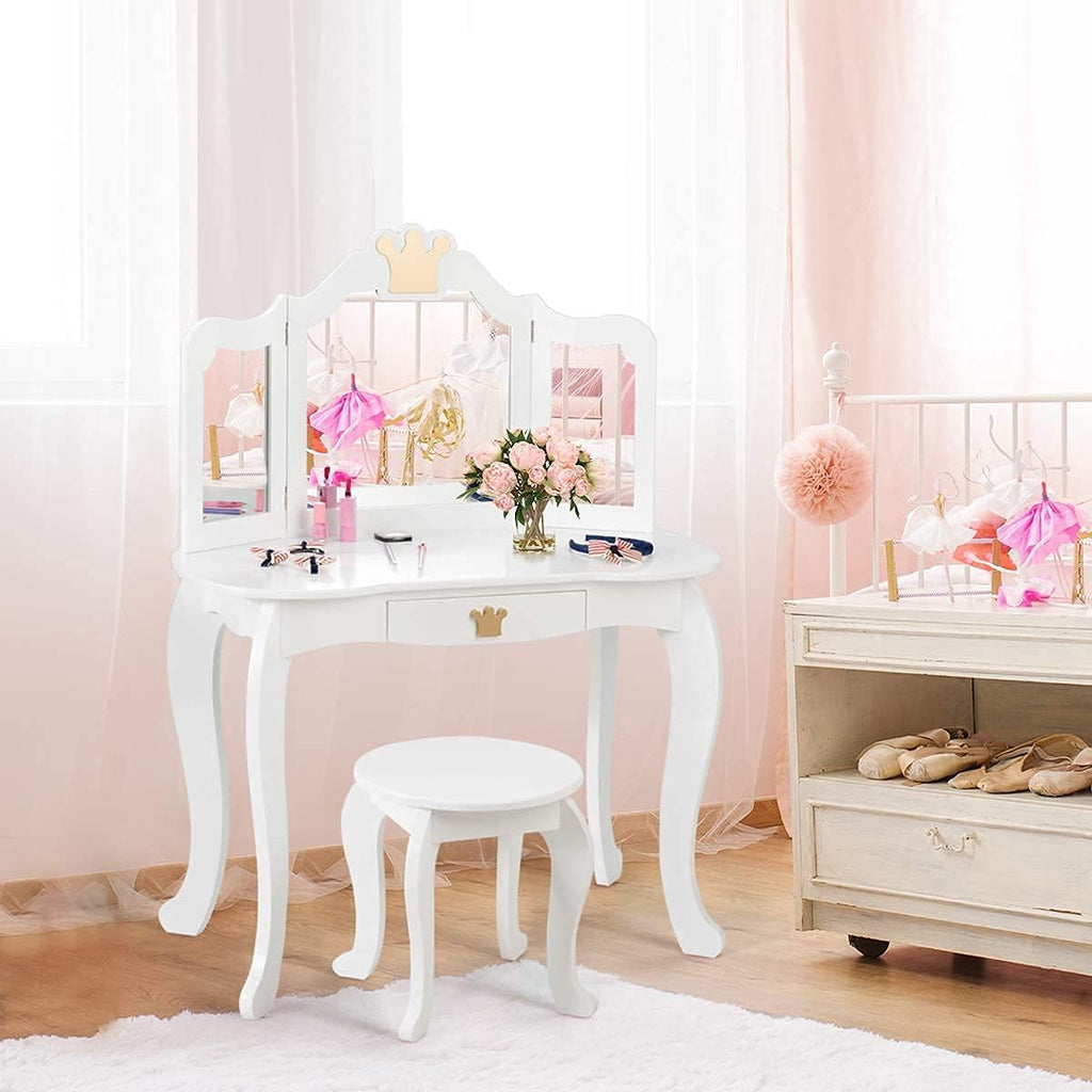 HONEY JOY Kids Vanity, Crown Themed Toddler Dressing Makeup Table and Chair Set w/Drawer & Tri-Folding Mirror, Detachable Mirror, Princess Pretend Play Girls Vanity Set with Mirror and Stool(White)