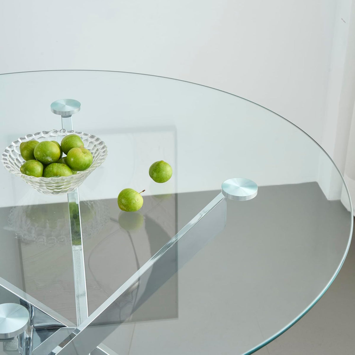 47.2“ Round Dining Table for 4, Contemporary Tempered Glass Dining Table, Small Dinner Table with Silver Metal Base, Round Clear Kitchen Table Writing Desk for Dining Kitchen