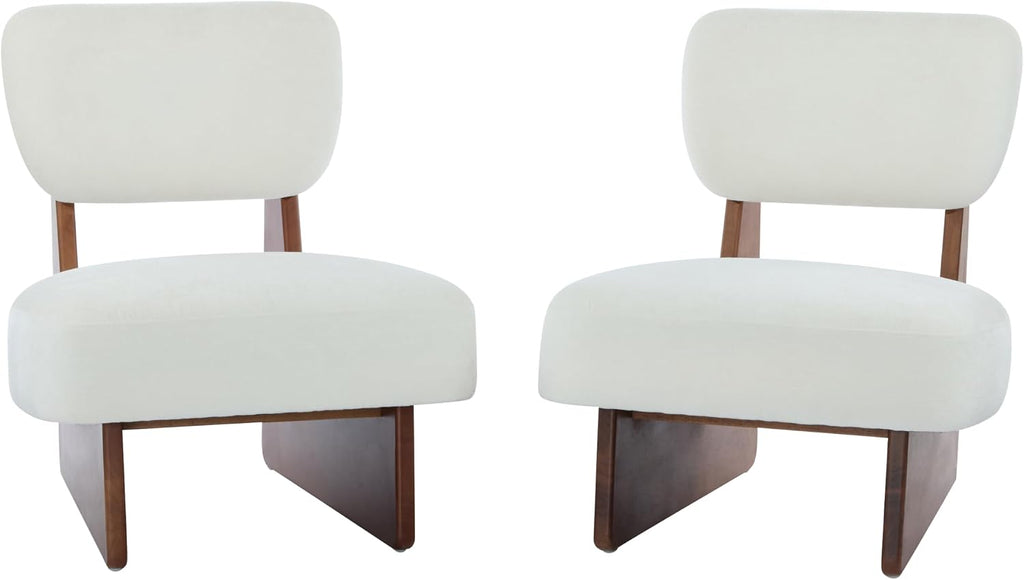 Christopher Knight Home Mores Low Profile Accent Chair Set of 2, Modern Living Room Armless Lounge Chair, Fabric Comfy Reading Chair for Bedroom, Wooden Frame and Thick Padded Seat, White+Walnut