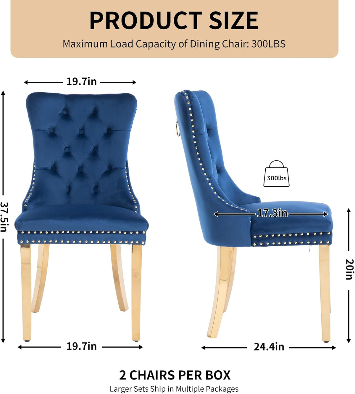 Velvet Dining Chairs Set of 6, Tufted Upholstered High Wingback Chairs with Nailhead Trim & Pull Ring, Golden Stainless Steel Legs for Dining Room, Sillas de Comedor, Blue