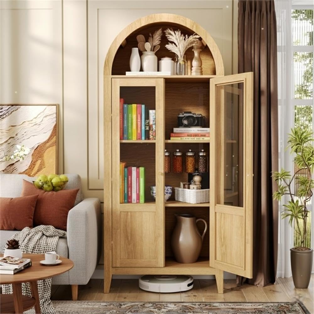 Light Brown Tall Arched Cabinet with Glass Doors Storage Cabinet Engineered Wood Display Cabinet for Kitchen Dining Room Living Room Anti Tip Design