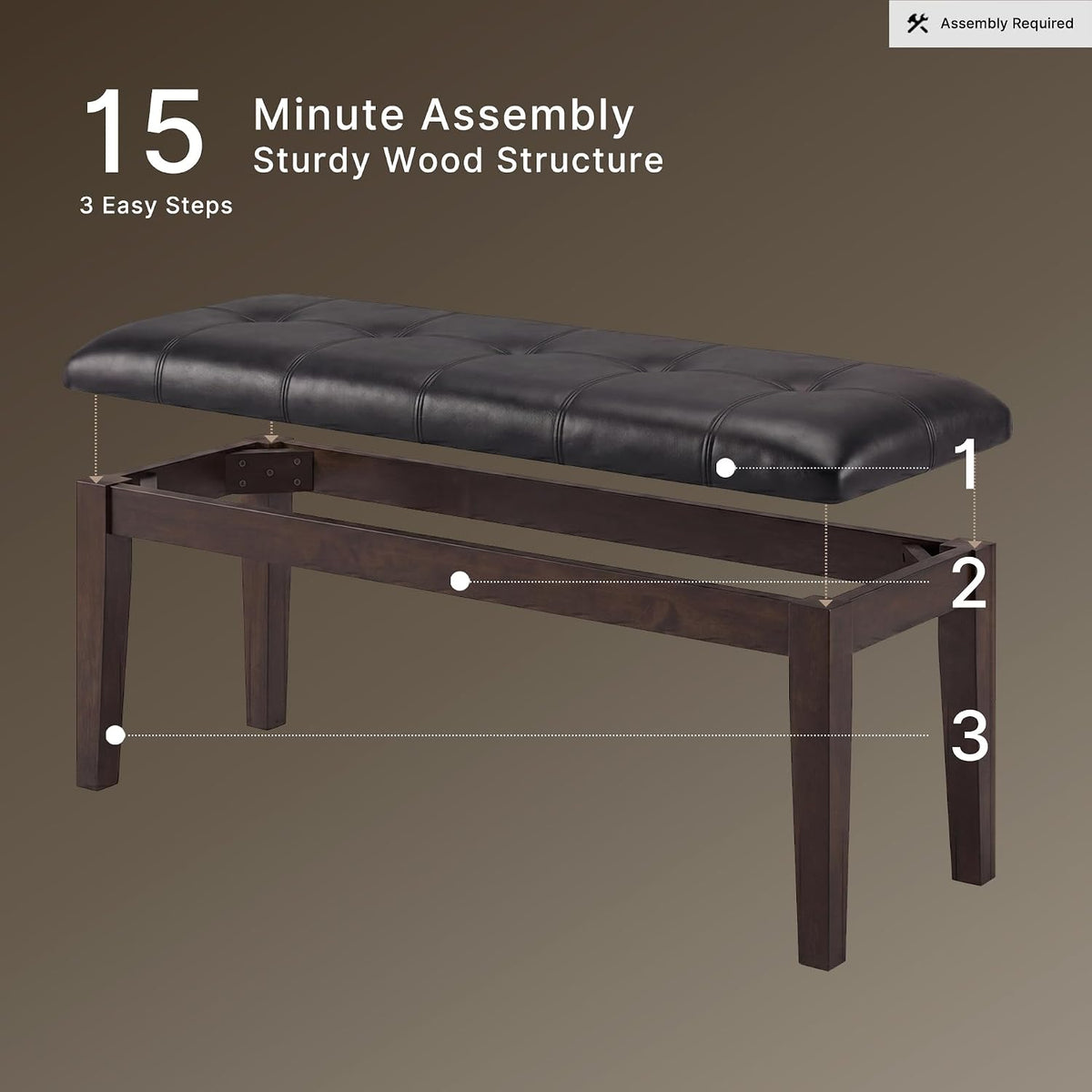 Signature Design by Ashley Haddigan 1-Piece Dining Bench, Faux Leather | Classic button tufted seat, Wood and engineered wood frame, 18.75 in seat height, 2-person capacity, Dark brown finish