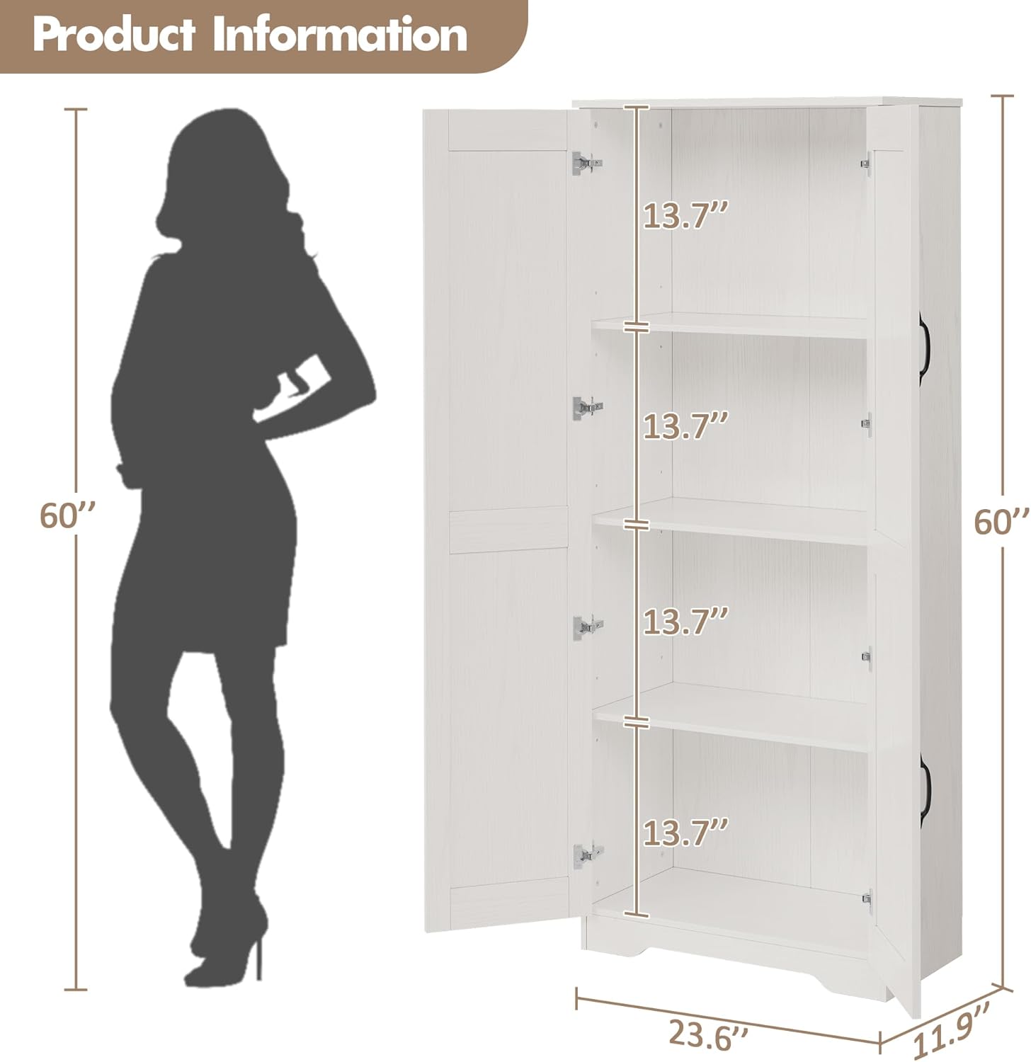 GAOMON Adjustable Shelf Storage Cabinet 60" Tall White, 2-Door Pantry with Shelves for Kitchen Organization, Bathroom Storage, Living Room