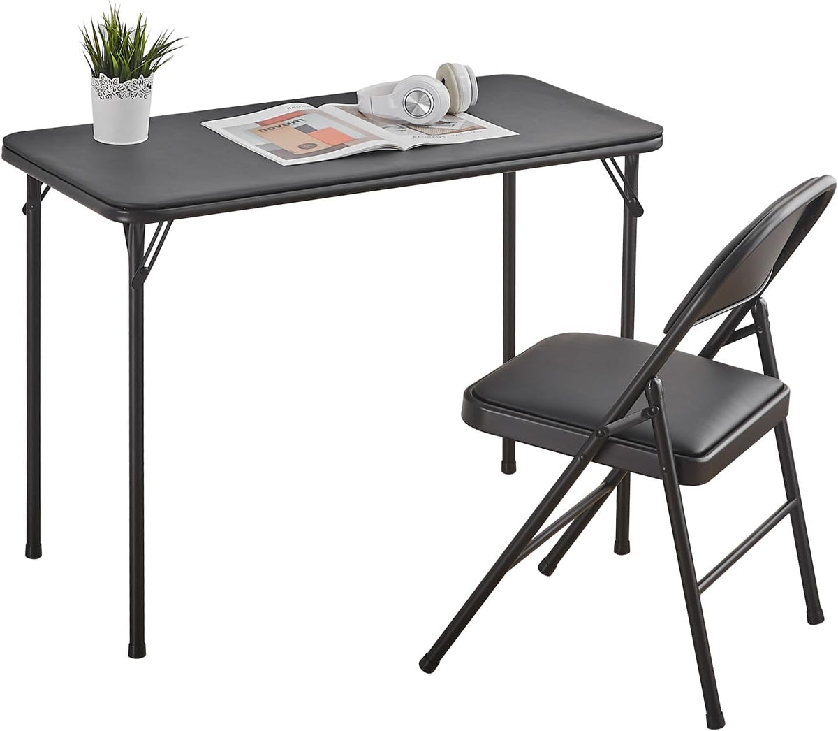 BOOSDEN Folding Card Table and Chairs Set for Indoor Outdoor, 2 Pack, Black | Portable Foldable Table and Chair, Space-saving Table with Chairs Set for Dining, Game, Camping, Apartment