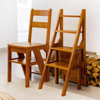 4 Tier Folding Step Ladder, 3-in-1 Wooden Folding Ladder Chair, Portable Multi-Function Step Stool, 198 lbs Capacity Indoor and Outdoor Display Rack Flower Rack,for Library,Home,Kitchen (Light Walnut)