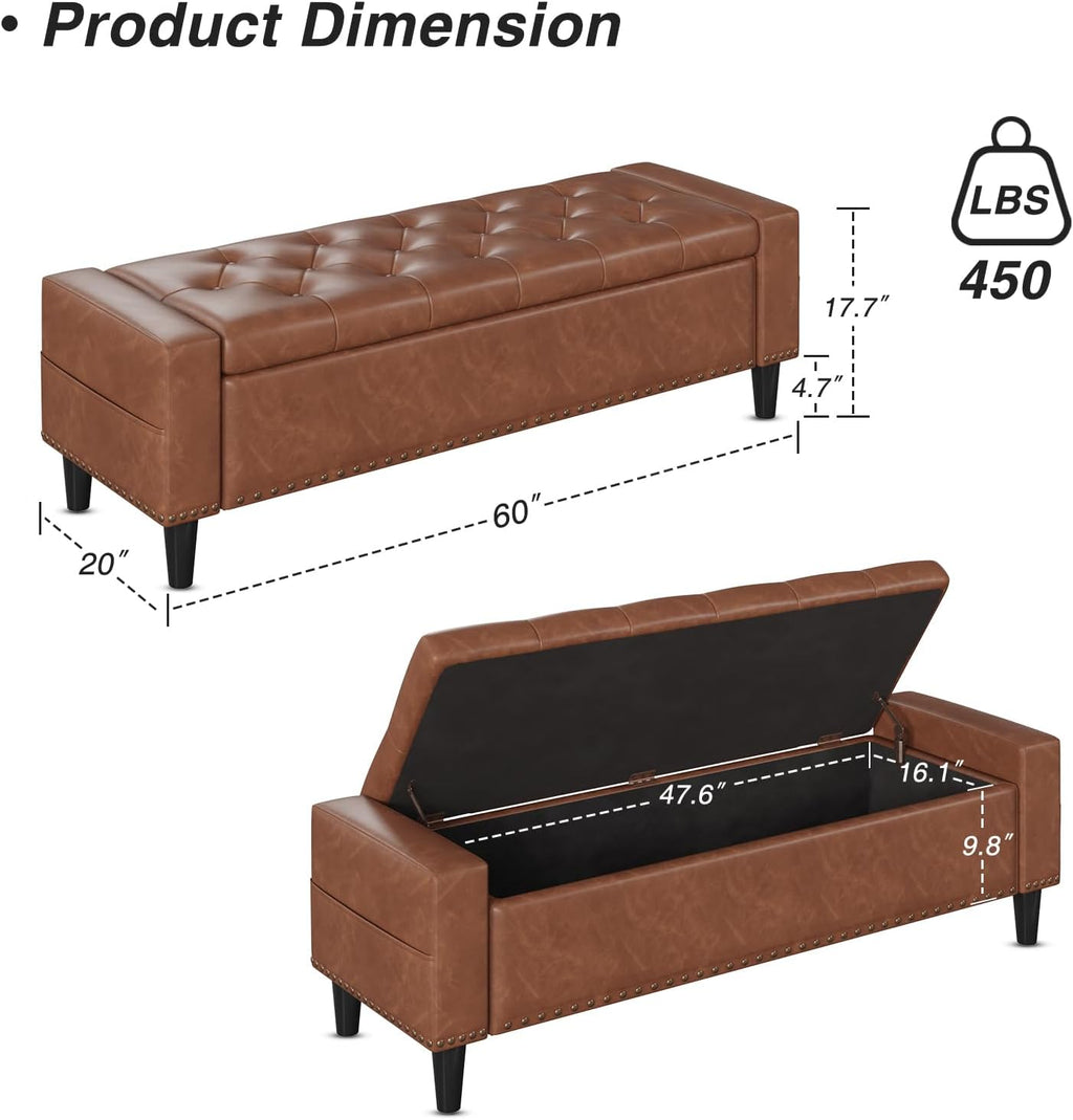 60" Storage Ottoman Bench, Faux Leather Upholstered Bed Bench, Brown | Benches with Tufted Buttons and Nailhead Trim, Large Ottoman with Storage for King Size End of Bed, Bedroom,Entryway,Hallway