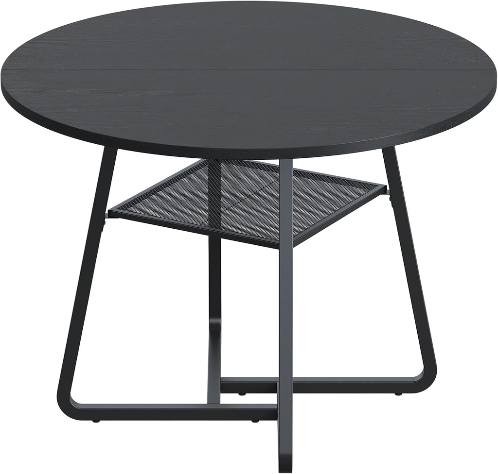 Bigbiglife 43.3" Dining Table for 4, Round Kitchen Table with Storage, Space Saving Circle Dinner Table, Farmhouse Kitchen & Dining Room Tables with Metal Legs for Dining Room (Black)