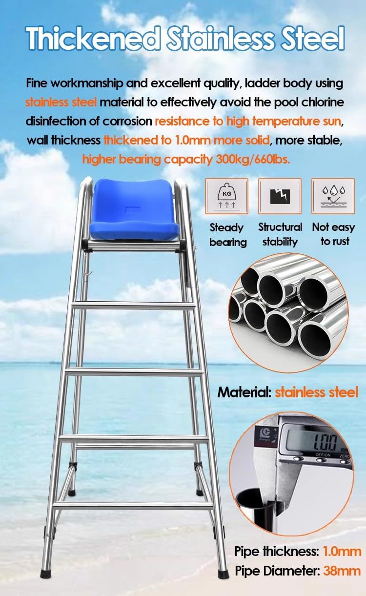 Stainless Steel Lifeguard Chair for Pool Lake and Beach Portable Outdoor Barstool with Comfortable Seat 150cm Tall Silver Ideal for Deck and Patio