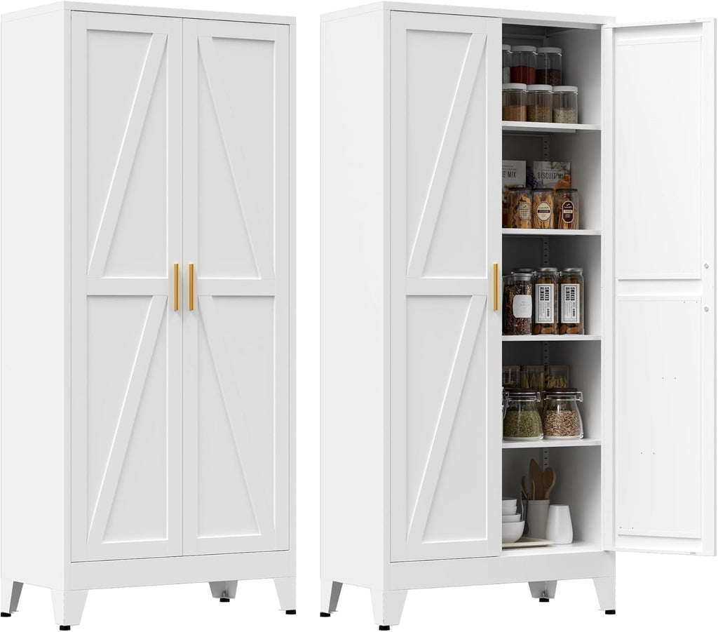 71" Tall Metal Pantry Cabinet, Kitchen Storage Cabinet with 2 Doors and 4 Adjustable Shelves for Kitchen, Living Room, Dining Room, Bathroom and Home, Office (White, 1PC)