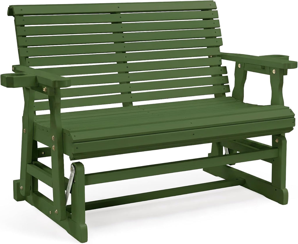 VINGLI Outdoor Glider Wood Patio Chair with Cup Holders, Outdoor Bench Glider Loveseat with Smooth Rocking Mechanism, Heavy Duty 800 LBS, Dark Green