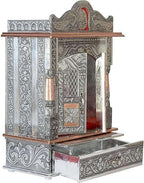 Oxidized Metal Pooja Mandir with Doors and Drawer, Silver, Ganesha Embossed, Traditional Hindu Temple