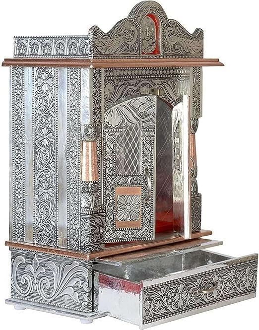Oxidized Metal Pooja Mandir with Doors and Drawer, Silver, Ganesha Embossed, Traditional Hindu Temple