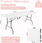 Fivenl 2 Pack 6 Feet Portable Folding Table White, Steel Legs Fold-in-Half with Carrying Handle Rectangular Plastic Foldable Table for Party, Wedding, Camping, Picnic, Dining, Indoor Outdoor Events