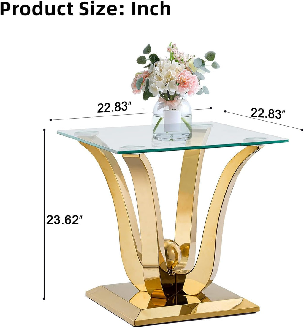 Modern Glass End Table Square Gold Living Room Table Sofa Side Table with 0.4" Tempered Glass Top & Geometric Stainless Steel Base,Luxury Clear Tempered Glass Small Bed Side Corner Table