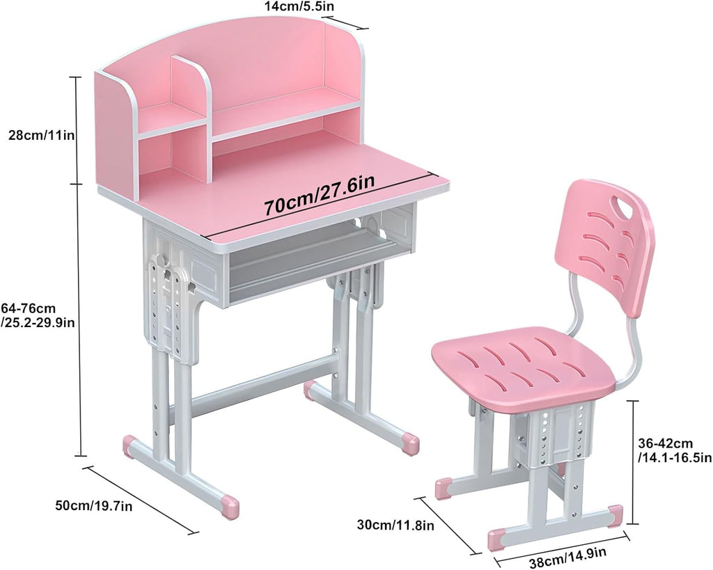 1 Set Kids Desk Chair Set, Height Adjustable Children School Study Table Chair Sets with Storage Drawer, Ergonomic Desk Chairs with Book Stand, Partition Design Pink 70 cm