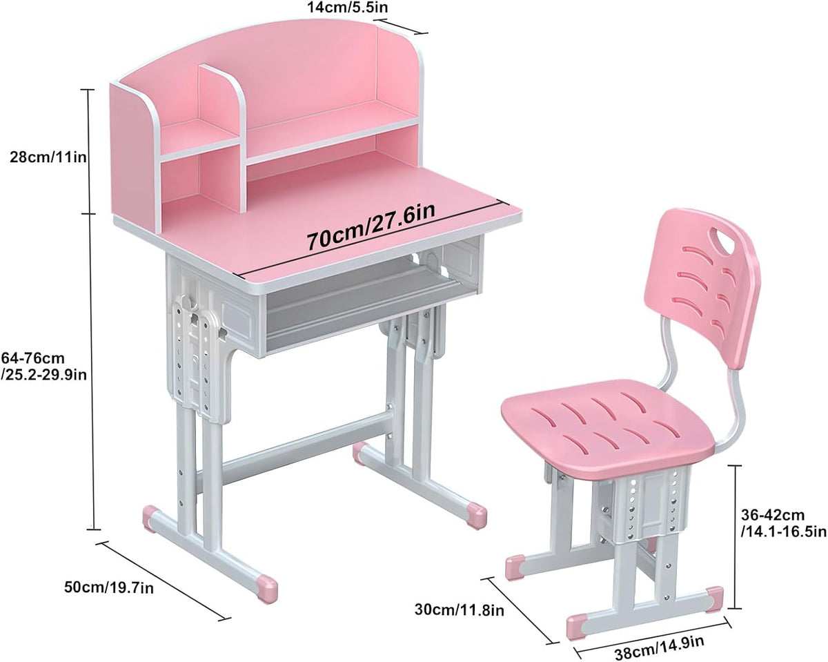 1 Set Kids Desk Chair Set, Height Adjustable Children School Study Table Chair Sets with Storage Drawer, Ergonomic Desk Chairs with Book Stand, Partition Design Pink 70 cm