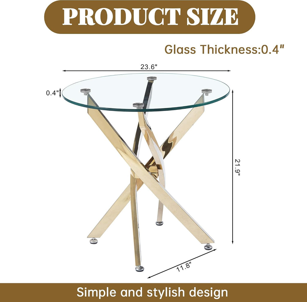 Round Glass End Table with Clear Tempered Glass Top & Cross Stainless Steel Legs, Modern 23.6" Circle Side Table for Living Room, Bedroom, Apartment, Easy to Clean, Gold