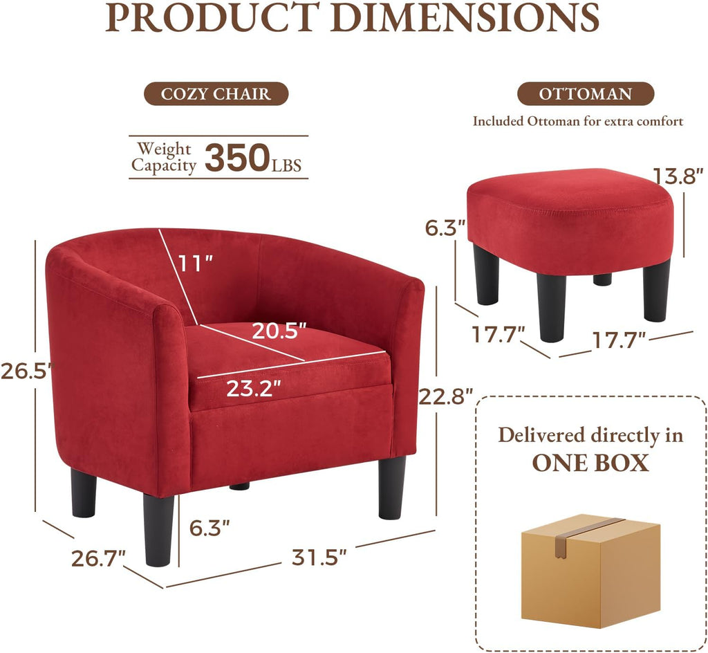 INZOY Oversized Accent Chair with Ottoman, 23.2" W Oversized Club Chair with Ottoman Set, Comfy Fabric Barrel Reading Chairs for Living Room Bedroom, Round Reading Chair with Foot Rest, Red