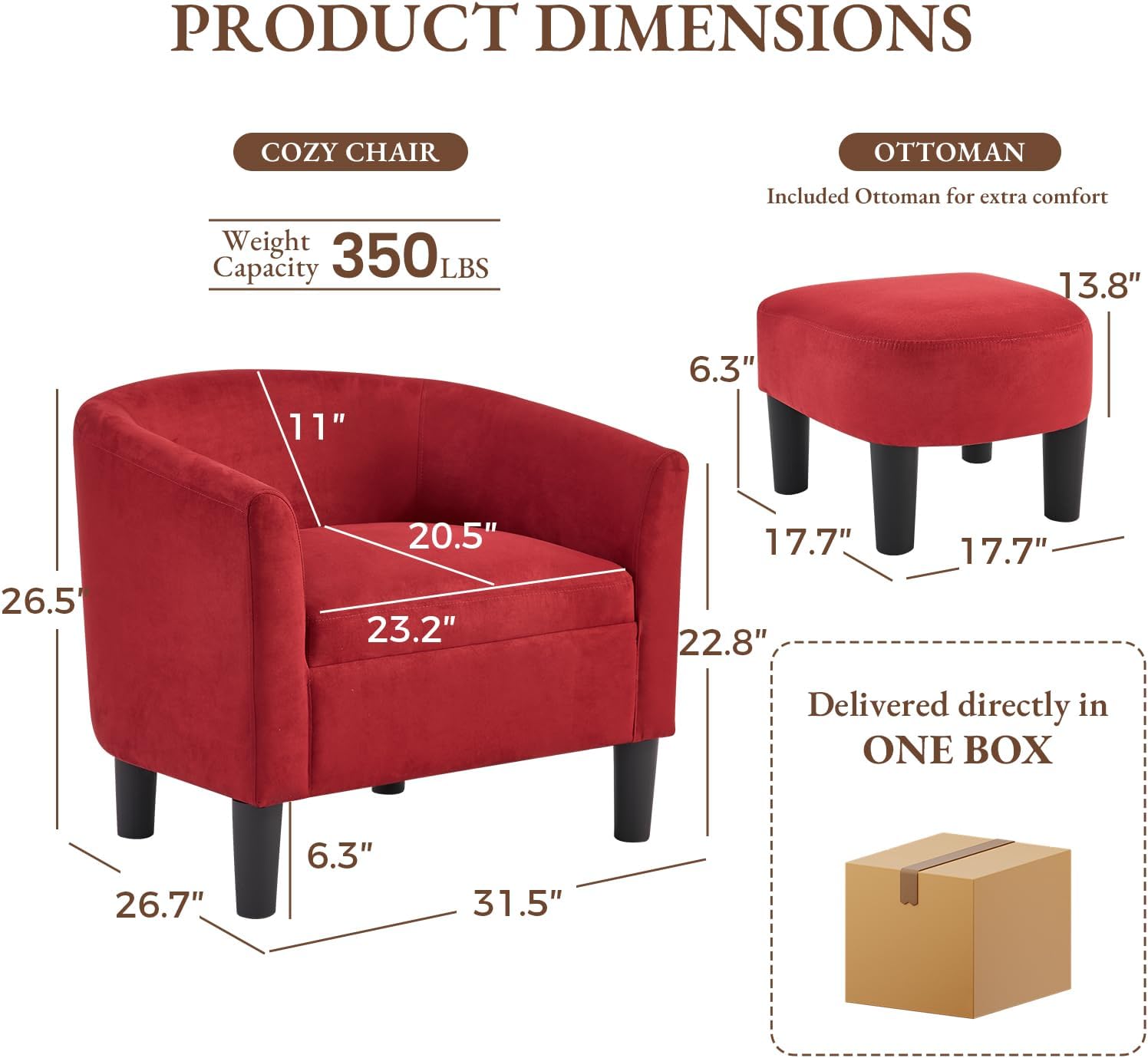 INZOY Oversized Accent Chair with Ottoman, 23.2" W Oversized Club Chair with Ottoman Set, Comfy Fabric Barrel Reading Chairs for Living Room Bedroom, Round Reading Chair with Foot Rest, Red